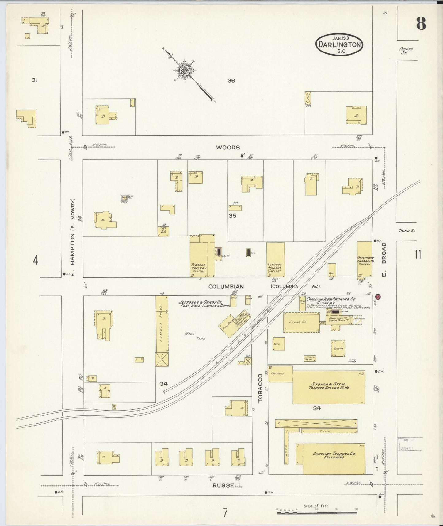 Sanborn Fire Insurance Map from Darlington, Darlington County, South Carolina (1913), Sheet #0008 - Complete Map Set gallery image, historic Sanborn map, vintage wall art, South Carolina South Carolina
