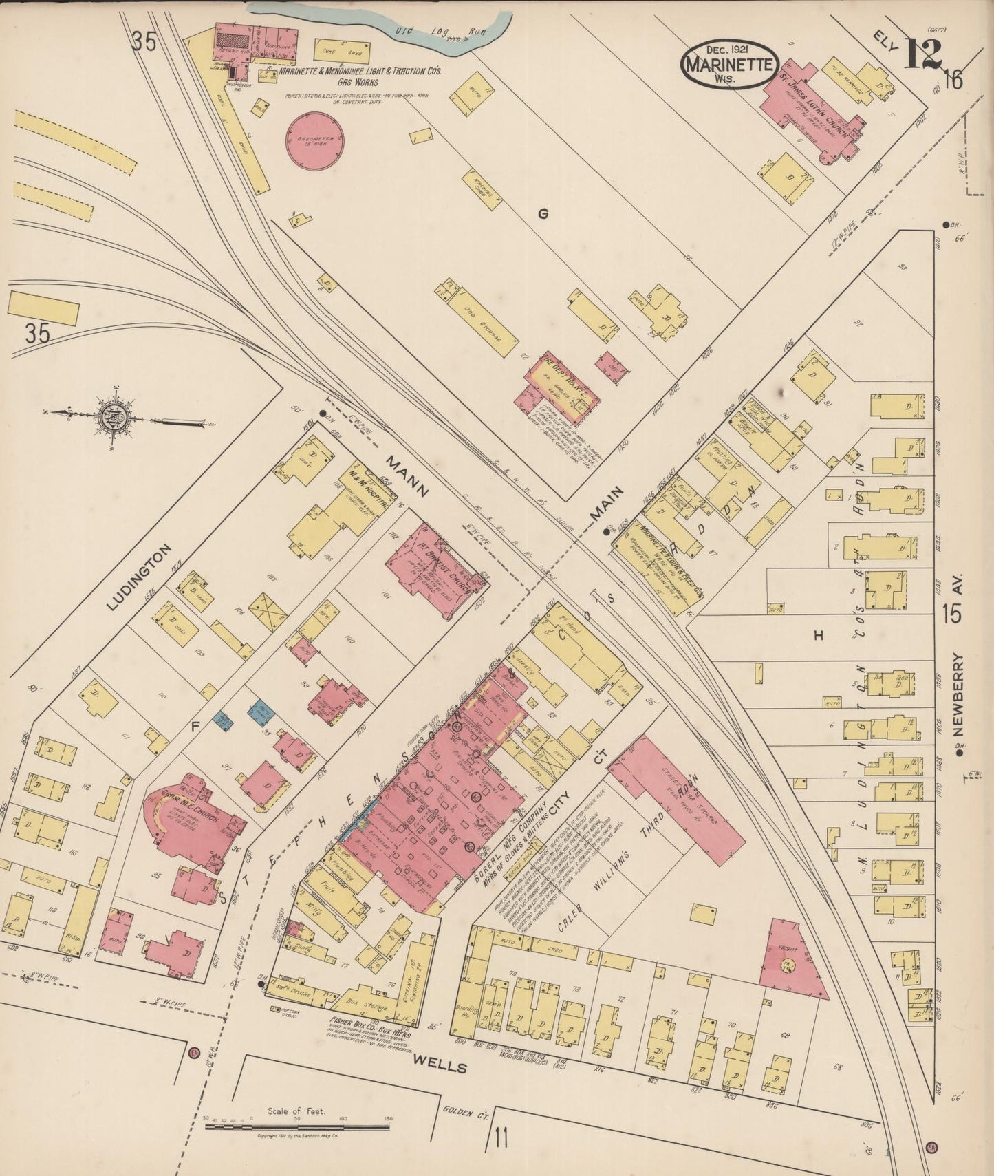 Sanborn Fire Insurance Map from Marinette, Marinette County, Wisconsin (1921), Sheet #0012 - Historic Sanborn Fire Insurance Map Print, vintage old map wall art, antique decor, genealogy gift, Wisconsin Wisconsin map