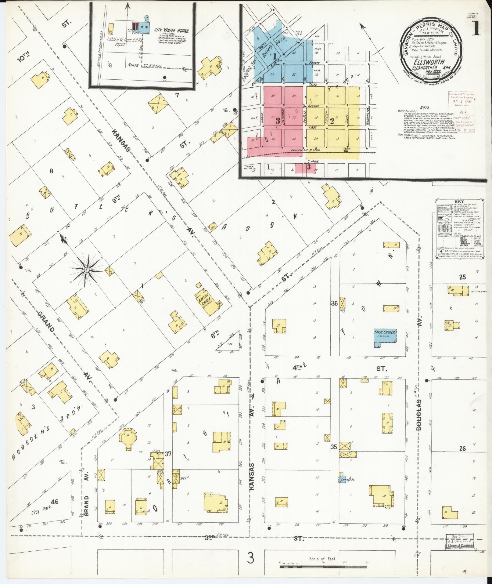Sanborn Fire Insurance Map from Ellsworth, Ellsworth County, Kansas (1899), Sheet #0001 - Complete Map Set gallery image, historic Sanborn map, vintage wall art, Kansas Kansas