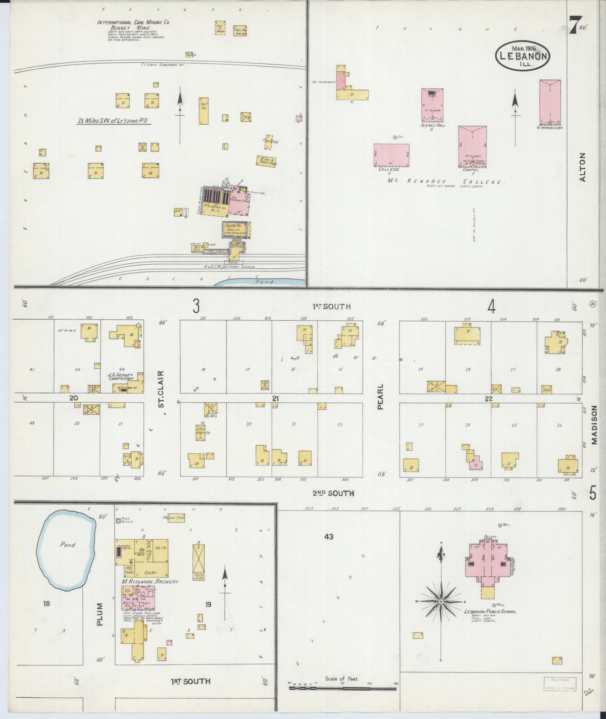 Sanborn Fire Insurance Map from Lebanon, Saint Clair County, Illinois (1906), Sheet #0007 - Complete Map Set gallery image, historic Sanborn map, vintage wall art, Illinois Illinois