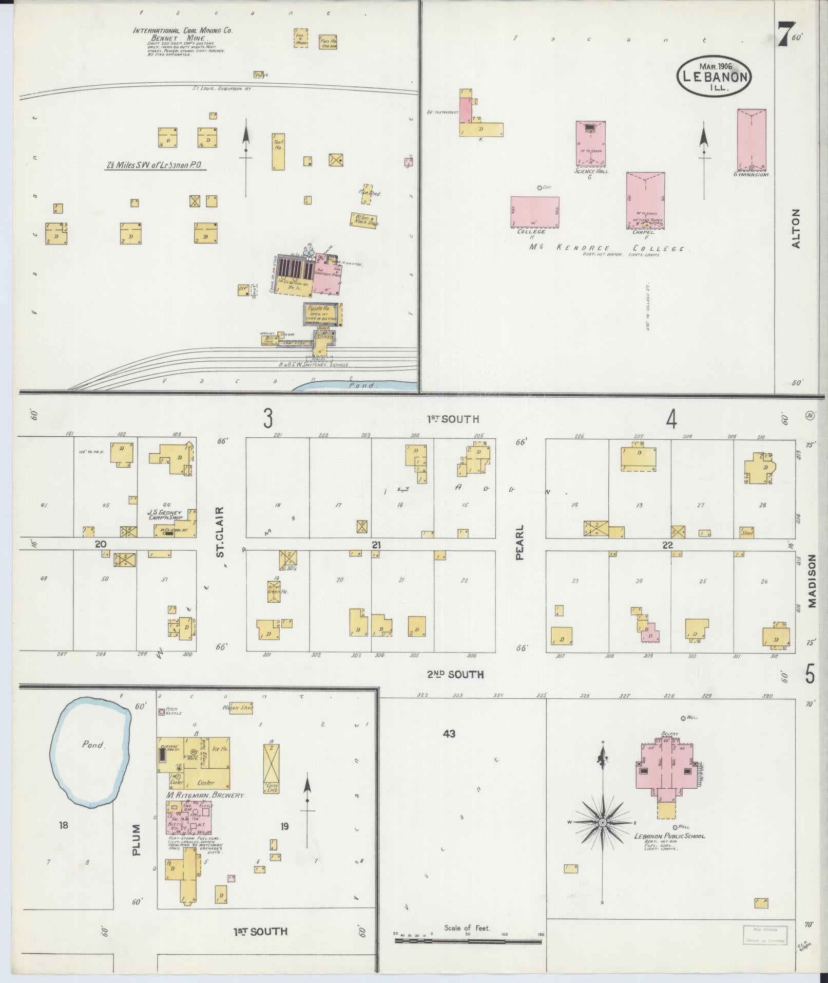 Sanborn Fire Insurance Map from Lebanon, Saint Clair County, Illinois (1906), Sheet #0007 - Complete Map Set gallery image, historic Sanborn map, vintage wall art, Illinois Illinois