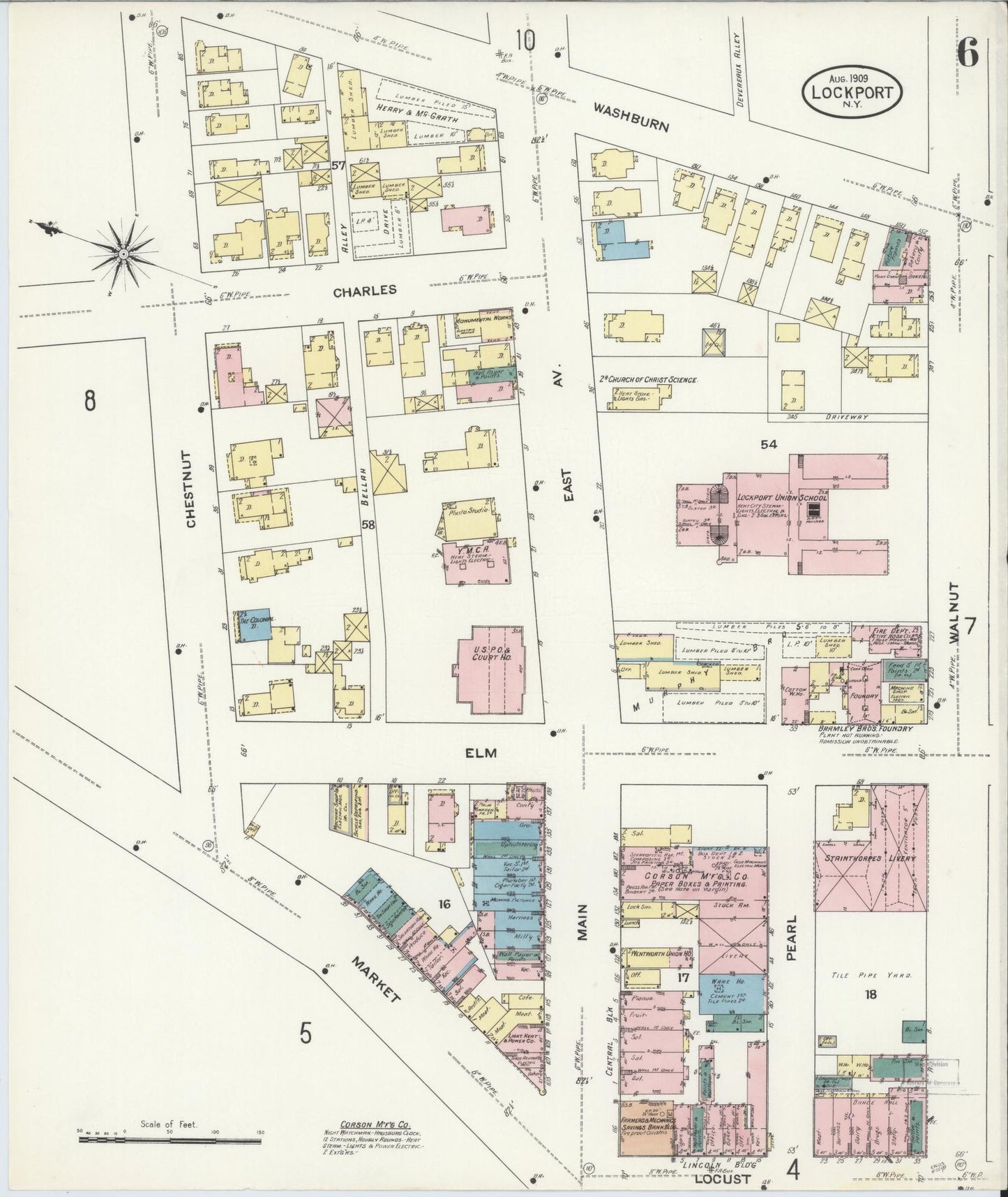 Sanborn Fire Insurance Map from Lockport, Niagara County, New York (1909), Sheet #0006 - Historic Sanborn Fire Insurance Map Print, vintage old map wall art, antique decor, genealogy gift, New York New York map