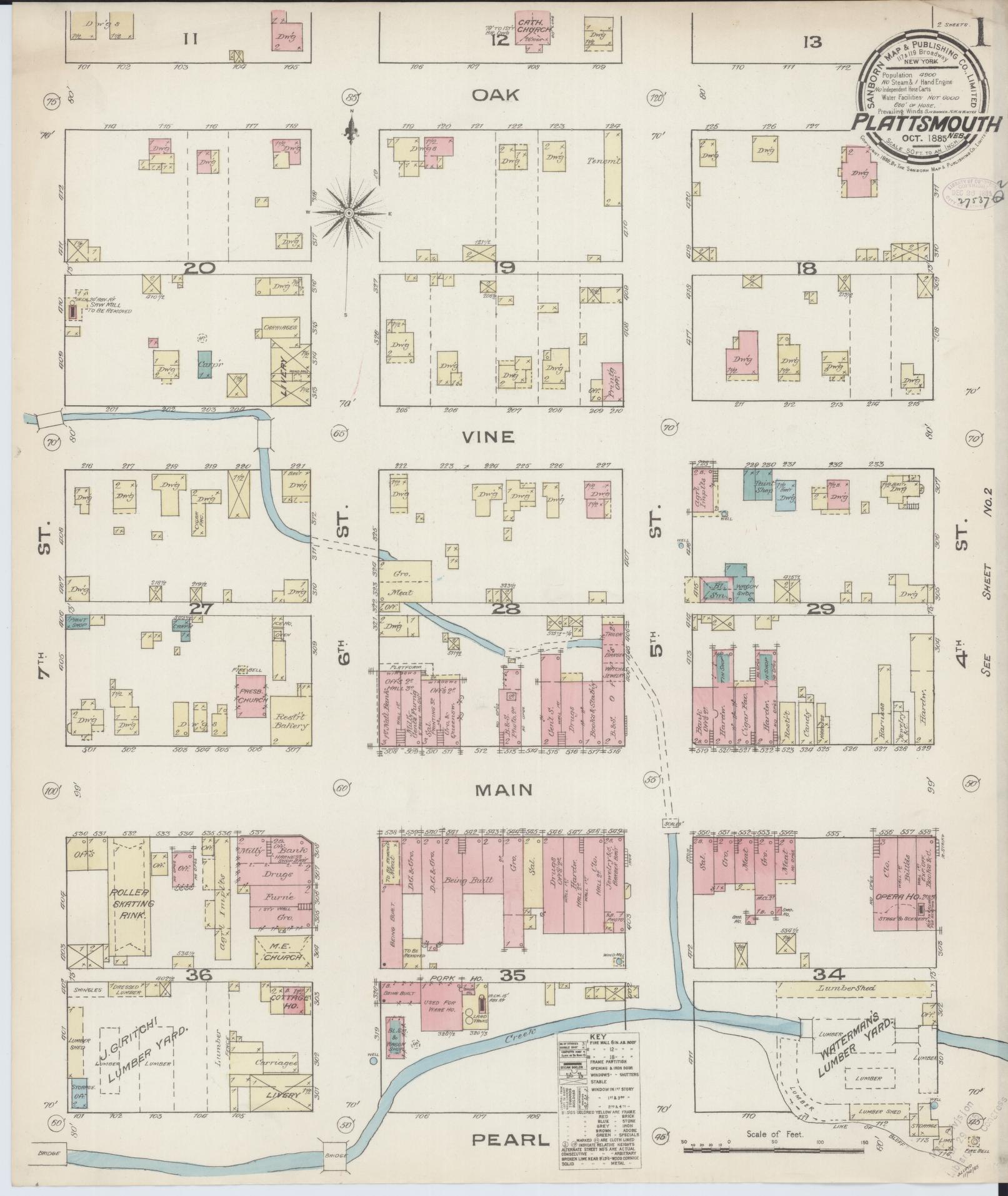 Sanborn Fire Insurance Map from Plattsmouth, Cass County, Nebraska (1885), Sheet #0001 - Historic Sanborn Fire Insurance Map Print, vintage old map wall art, antique decor, genealogy gift, Nebraska Nebraska map
