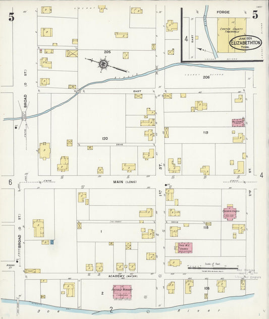 Sanborn Fire Insurance Map from Elizabethton, Carter County, Tennessee (1924), Sheet #0005 - Historic Sanborn Fire Insurance Map Print, vintage old map wall art, antique decor, genealogy gift, Tennessee Tennessee map