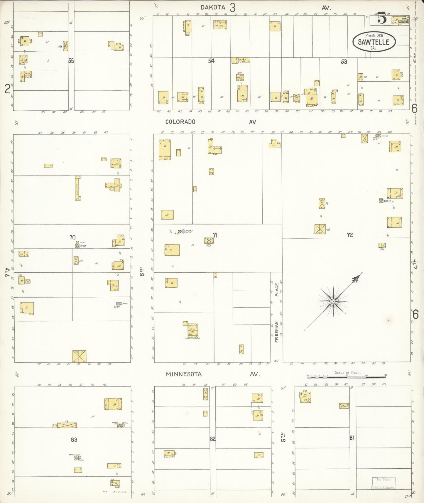 Sanborn Fire Insurance Map from Sawtelle, Los Angeles County, California (1905), Sheet #0005 - Complete Map Set gallery image, historic Sanborn map, vintage wall art, California California