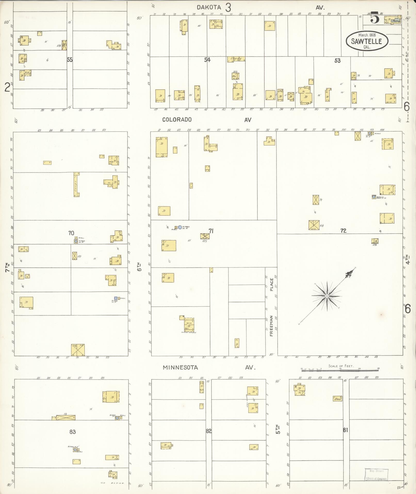 Sanborn Fire Insurance Map from Sawtelle, Los Angeles County, California (1905), Sheet #0005 - Complete Map Set gallery image, historic Sanborn map, vintage wall art, California California