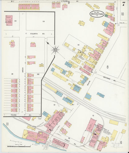 Sanborn Fire Insurance Map from Royersford, Montgomery County, Pennsylvania (1909), Sheet #0007 - Historic Sanborn Fire Insurance Map Print, vintage old map wall art, antique decor, genealogy gift, Pennsylvania Pennsylvania map