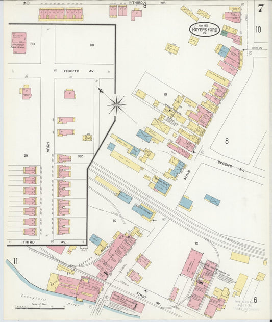 Sanborn Fire Insurance Map from Royersford, Montgomery County, Pennsylvania (1909), Sheet #0007 - Historic Sanborn Fire Insurance Map Print, vintage old map wall art, antique decor, genealogy gift, Pennsylvania Pennsylvania map