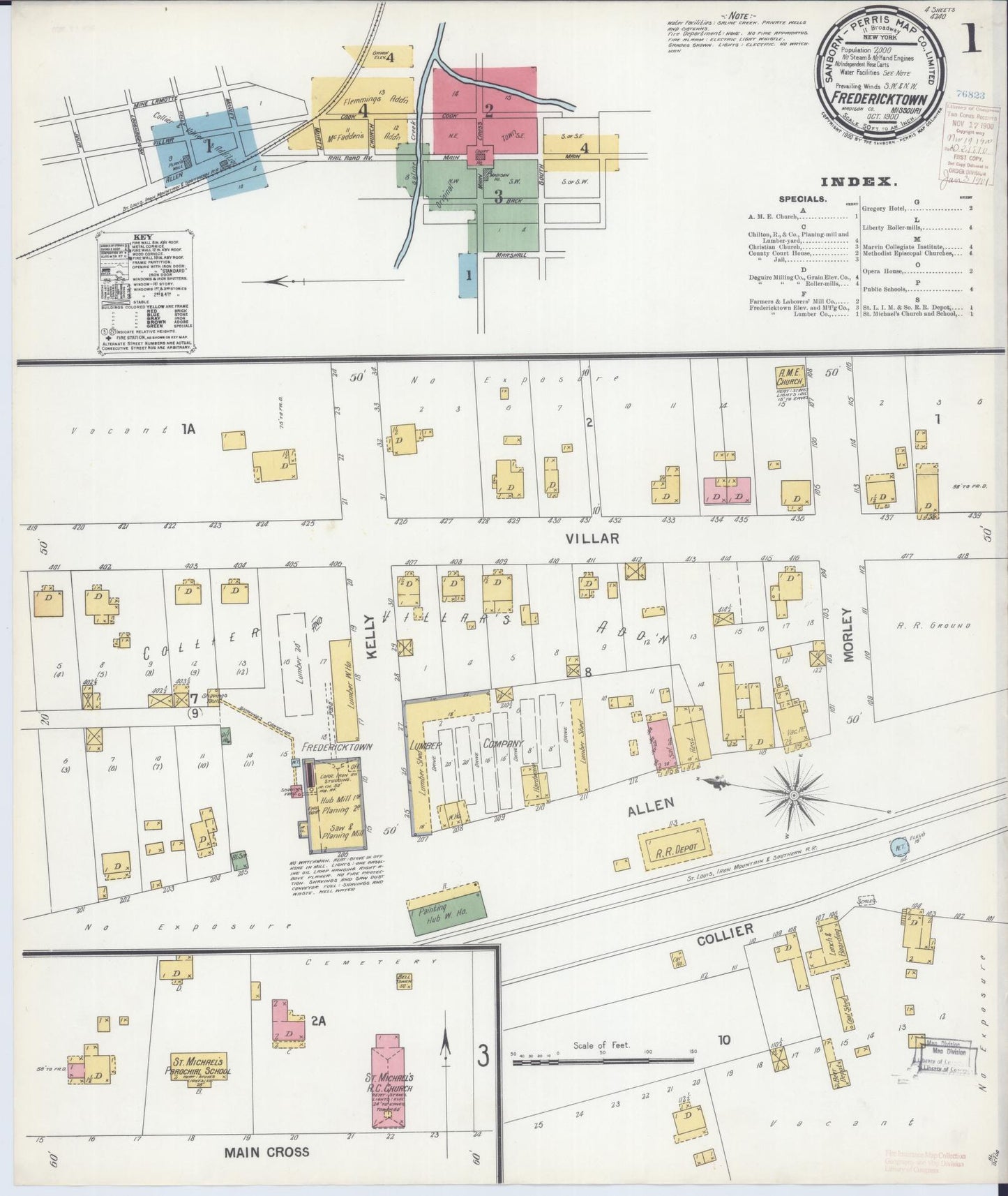 Sanborn Fire Insurance Map from Fredericktown, Madison County, Missouri (1900), Sheet #0001 - Historic Sanborn Fire Insurance Map Print, vintage old map wall art, antique decor, genealogy gift, Missouri Missouri map