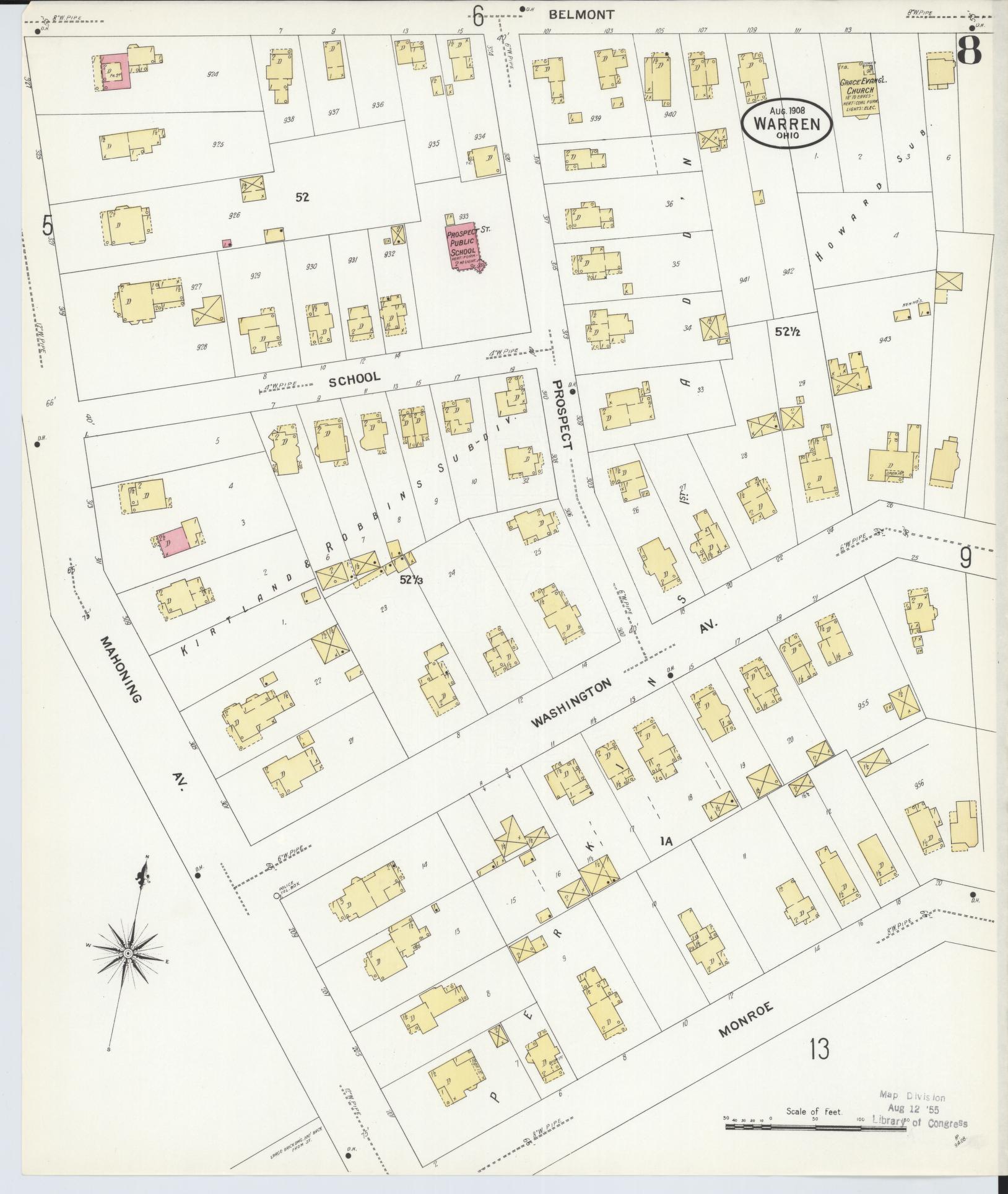 Sanborn Fire Insurance Map from Warren, Trumbull County, Ohio (1908), Sheet #0008 - Complete Map Set gallery image, historic Sanborn map, vintage wall art, Ohio Ohio