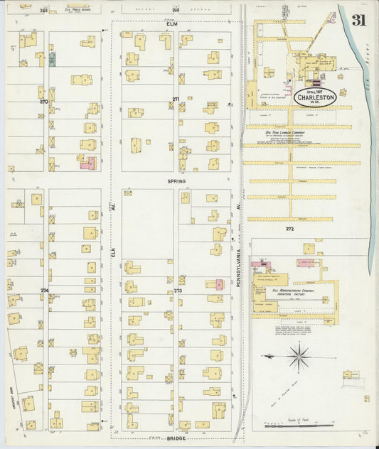 Sanborn Fire Insurance Map from Charleston, Kanawha County, West Virginia (1907), Sheet #0031 - Historic Sanborn Fire Insurance Map Print, vintage old map wall art, antique decor, genealogy gift, West Virginia West Virginia map