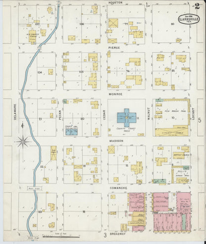 Sanborn Fire Insurance Map from Clarksville, Red River County, Texas (1896), Sheet #0002 - Complete Map Set gallery image, historic Sanborn map, vintage wall art, Texas Texas