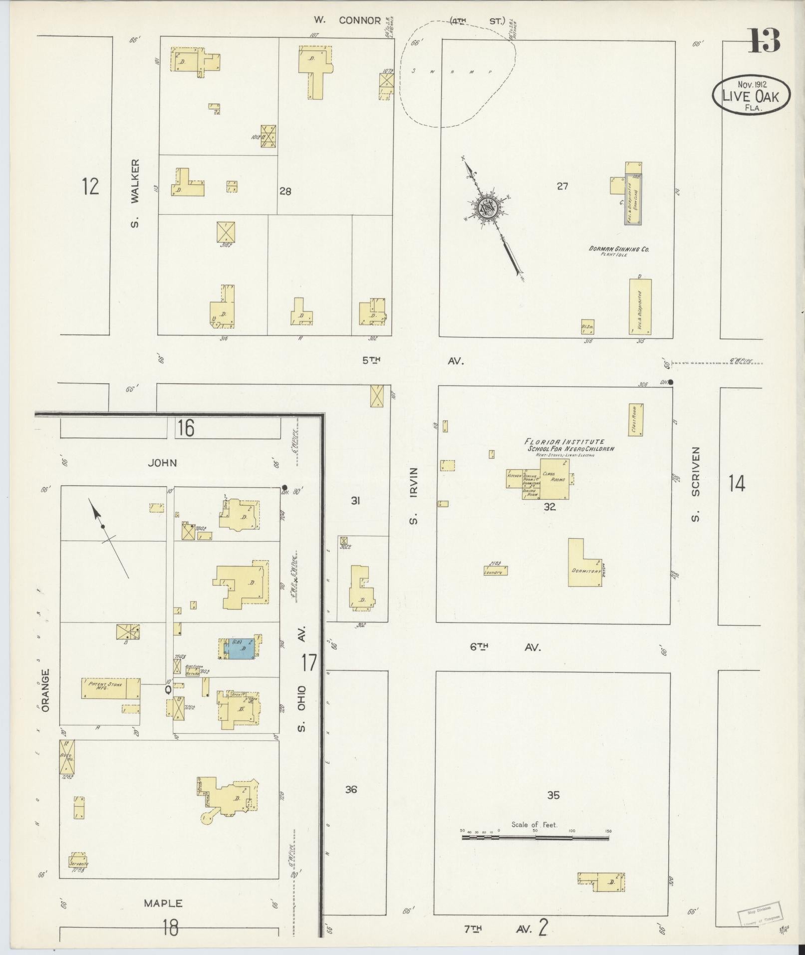 Sanborn Fire Insurance Map from Live Oak, Suwanee County, Florida (1912), Sheet #0013 - Complete Map Set gallery image, historic Sanborn map, vintage wall art, Florida Florida