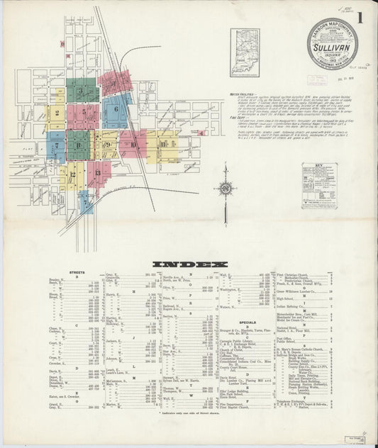 Sanborn Fire Insurance Map from Sullivan, Sullivan County, Indiana (1913), Sheet #0001 - Historic Sanborn Fire Insurance Map Print, vintage old map wall art, antique decor, genealogy gift, Indiana Indiana map