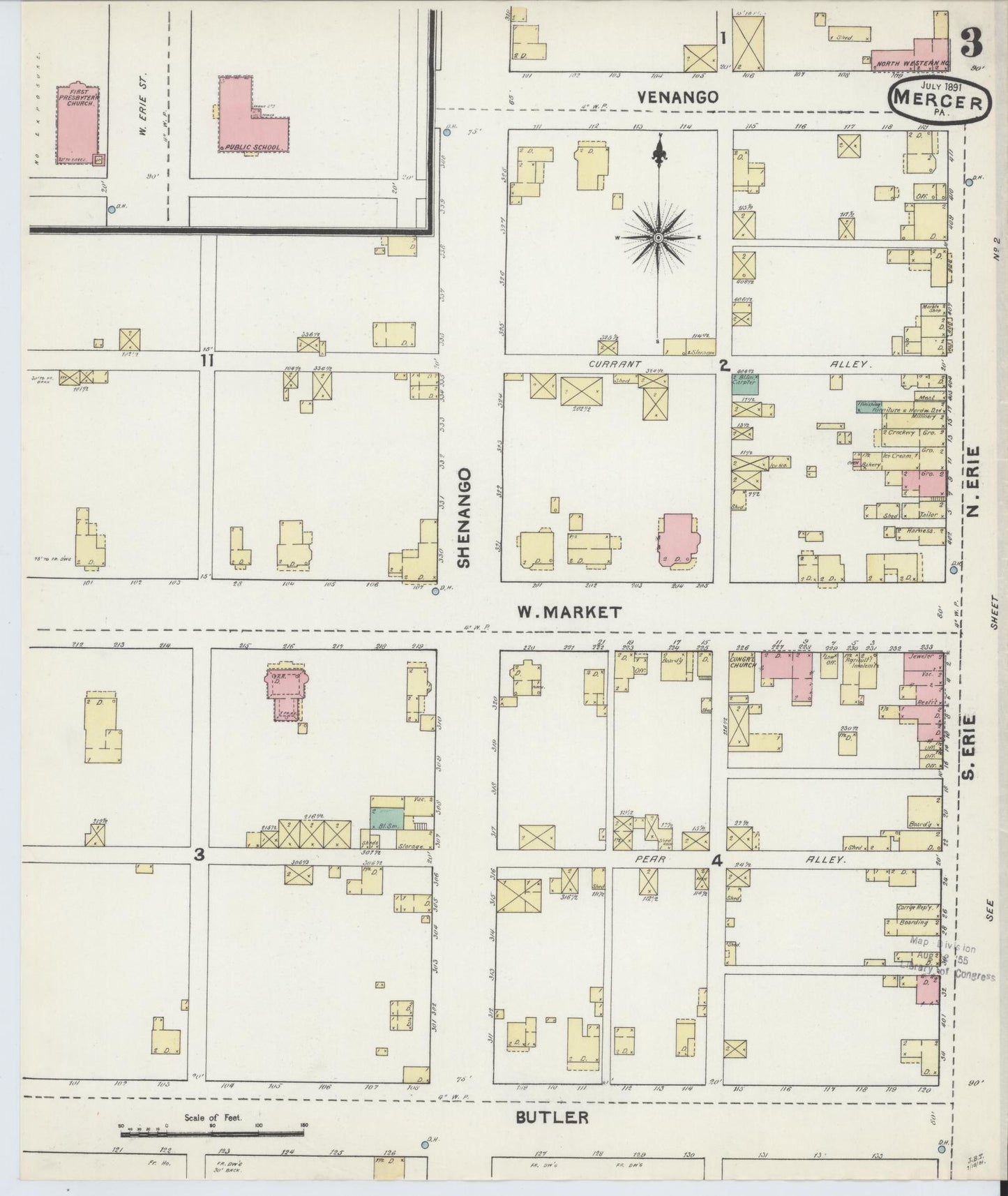 Sanborn Fire Insurance Map from Mercer, Mercer County, Pennsylvania (1891), Sheet #0003 - Historic Sanborn Fire Insurance Map Print, vintage old map wall art, antique decor, genealogy gift, Pennsylvania Pennsylvania map