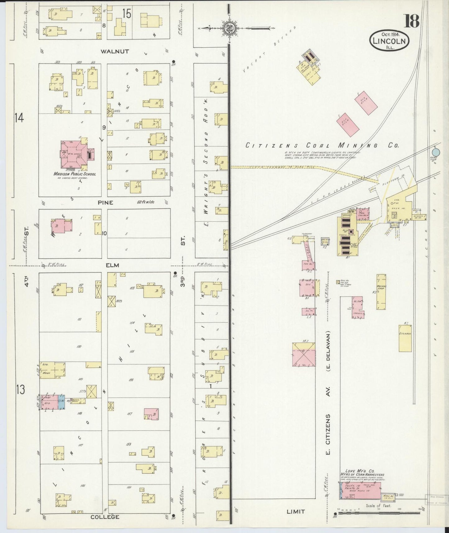Sanborn Fire Insurance Map from Lincoln, Logan County, Illinois (1914), Sheet #0018 - Complete Map Set gallery image, historic Sanborn map, vintage wall art, Illinois Illinois