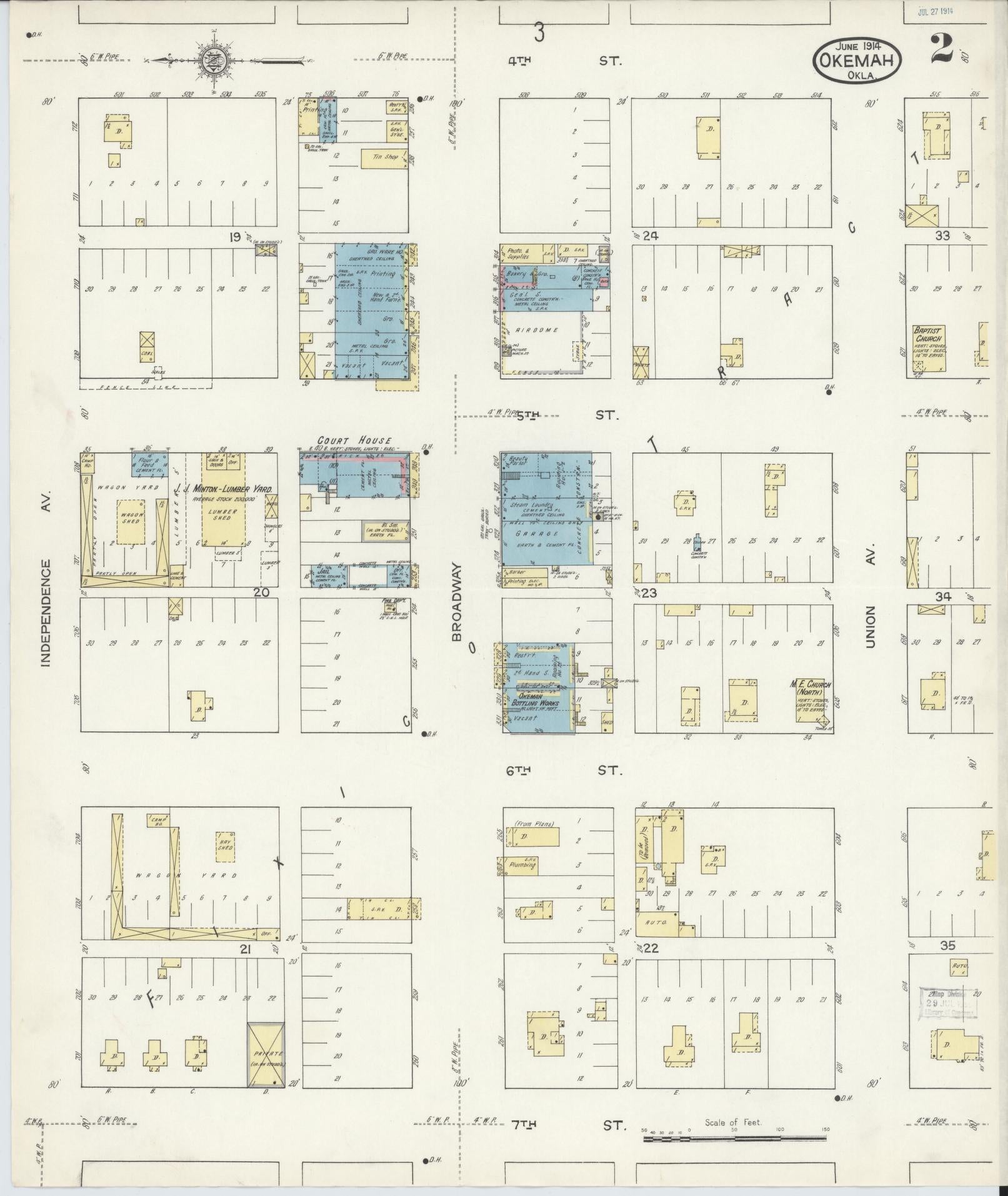Sanborn Fire Insurance Map from Okemah, Okfuskee County, Oklahoma (1914), Sheet #0002 - Complete Map Set gallery image, historic Sanborn map, vintage wall art, Oklahoma Oklahoma