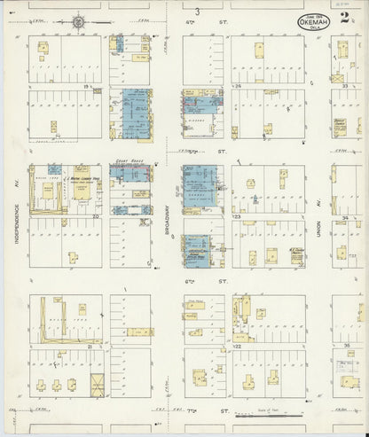 Sanborn Fire Insurance Map from Okemah, Okfuskee County, Oklahoma (1914), Sheet #0002 - Complete Map Set gallery image, historic Sanborn map, vintage wall art, Oklahoma Oklahoma