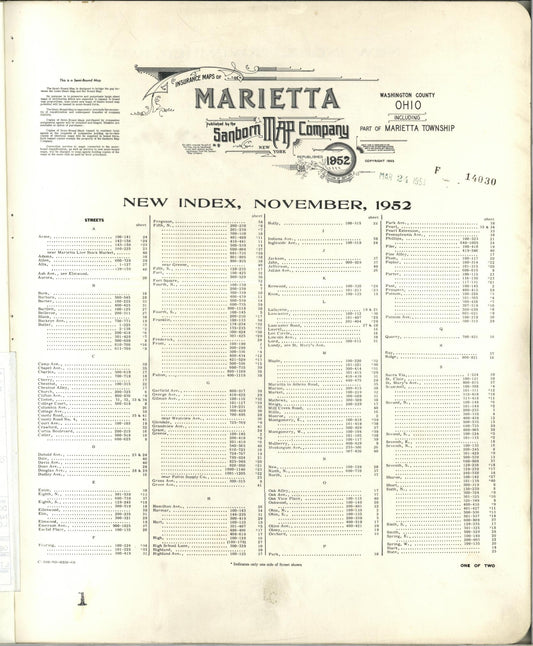 Sanborn Fire Insurance Map from Marietta, Washington County, Ohio (1952), Sheet #0001 - Historic Sanborn Fire Insurance Map Print, vintage old map wall art, antique decor, genealogy gift, Ohio Ohio map