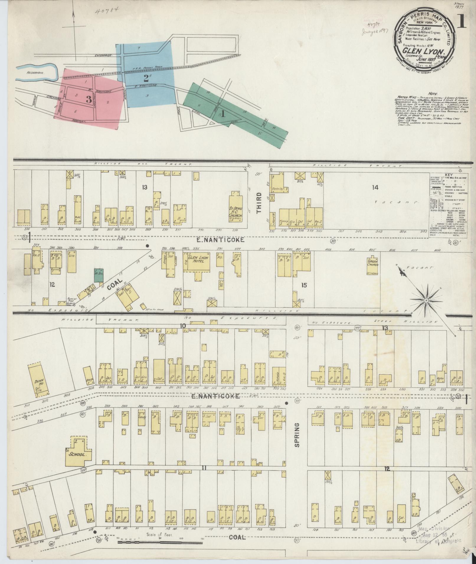 Sanborn Fire Insurance Map from Glen Lyon, Luzerne County, Pennsylvania (1897), Sheet #0001 - Historic Sanborn Fire Insurance Map Print, vintage old map wall art, antique decor, genealogy gift, Pennsylvania Pennsylvania map