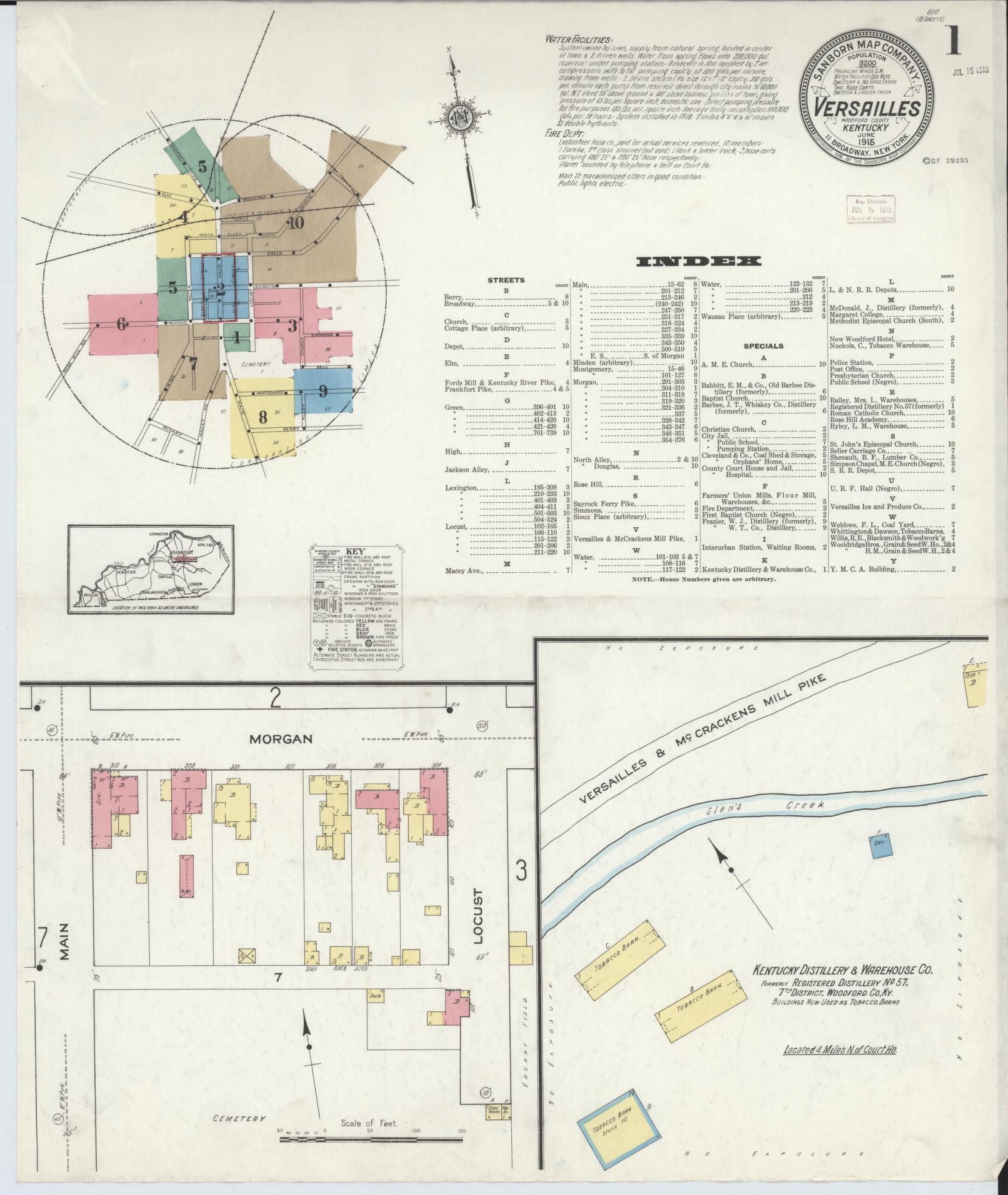 Sanborn Fire Insurance Map from Versailles, Woodford County, Kentucky (1915), Sheet #0001 - Complete Map Set gallery image, historic Sanborn map, vintage wall art, Kentucky Kentucky