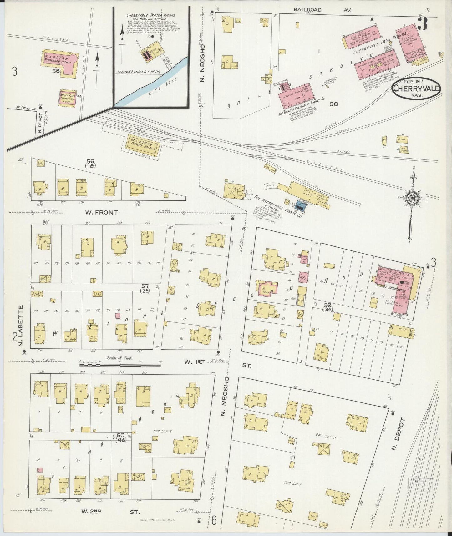 Sanborn Fire Insurance Map from Cherryvale, Montgomery County, Kansas (1917), Sheet #0003 - Historic Sanborn Fire Insurance Map Print, vintage old map wall art, antique decor, genealogy gift, Kansas Kansas map