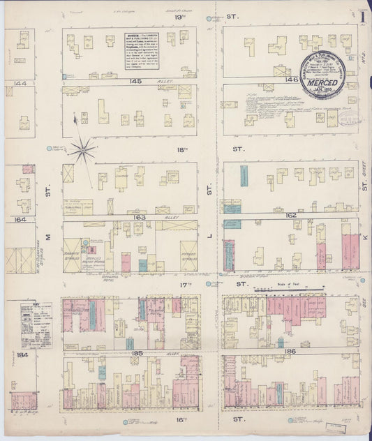 Sanborn Fire Insurance Map from Merced, Merced County, California (1885), Sheet #0001 - Complete Map Set gallery image, historic Sanborn map, vintage wall art, California California