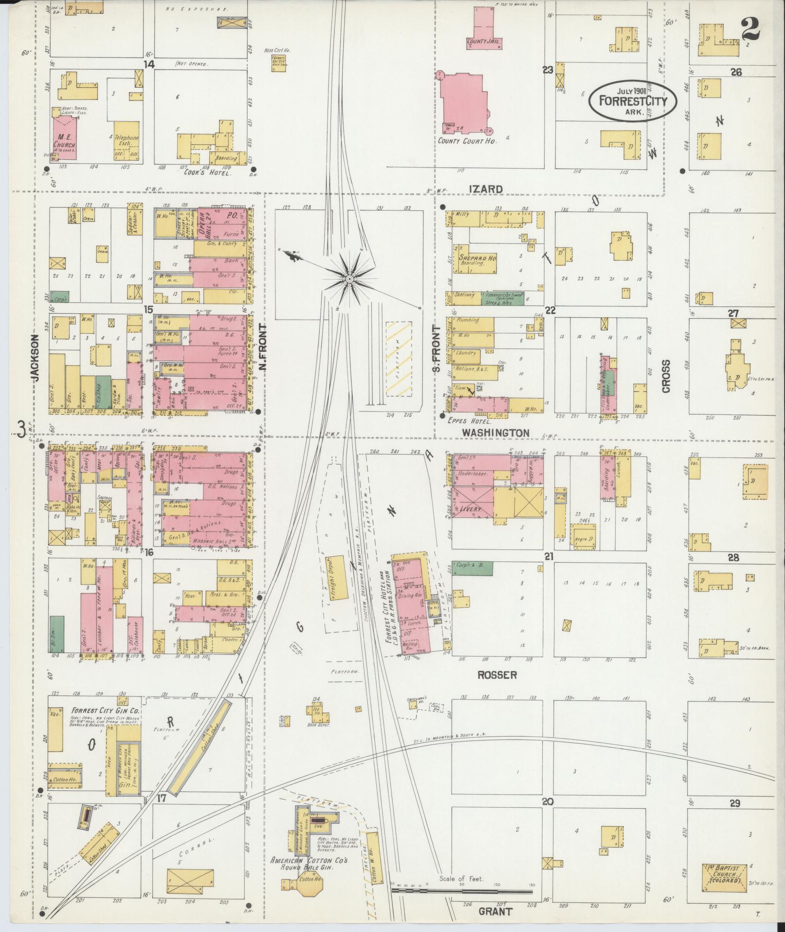 Sanborn Fire Insurance Map from Forrest City, Saint Francis County, Arkansas (1901), Sheet #0002 - Historic Sanborn Fire Insurance Map Print, vintage old map wall art, antique decor, genealogy gift, Arkansas Arkansas map