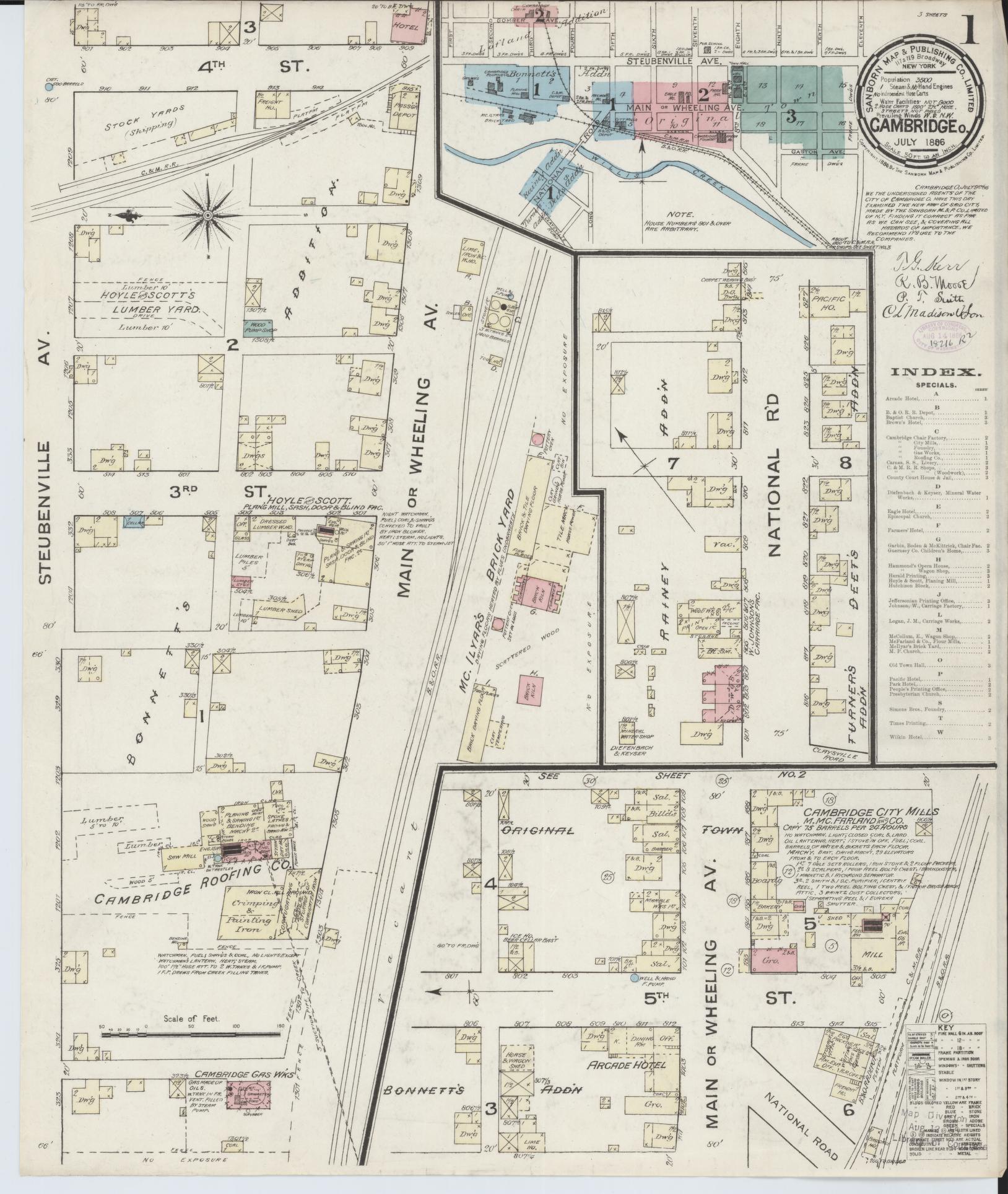 Sanborn Fire Insurance Map from Cambridge, Guernsey County, Ohio (1886), Sheet #0001 - Historic Sanborn Fire Insurance Map Print, vintage old map wall art, antique decor, genealogy gift, Ohio Ohio map