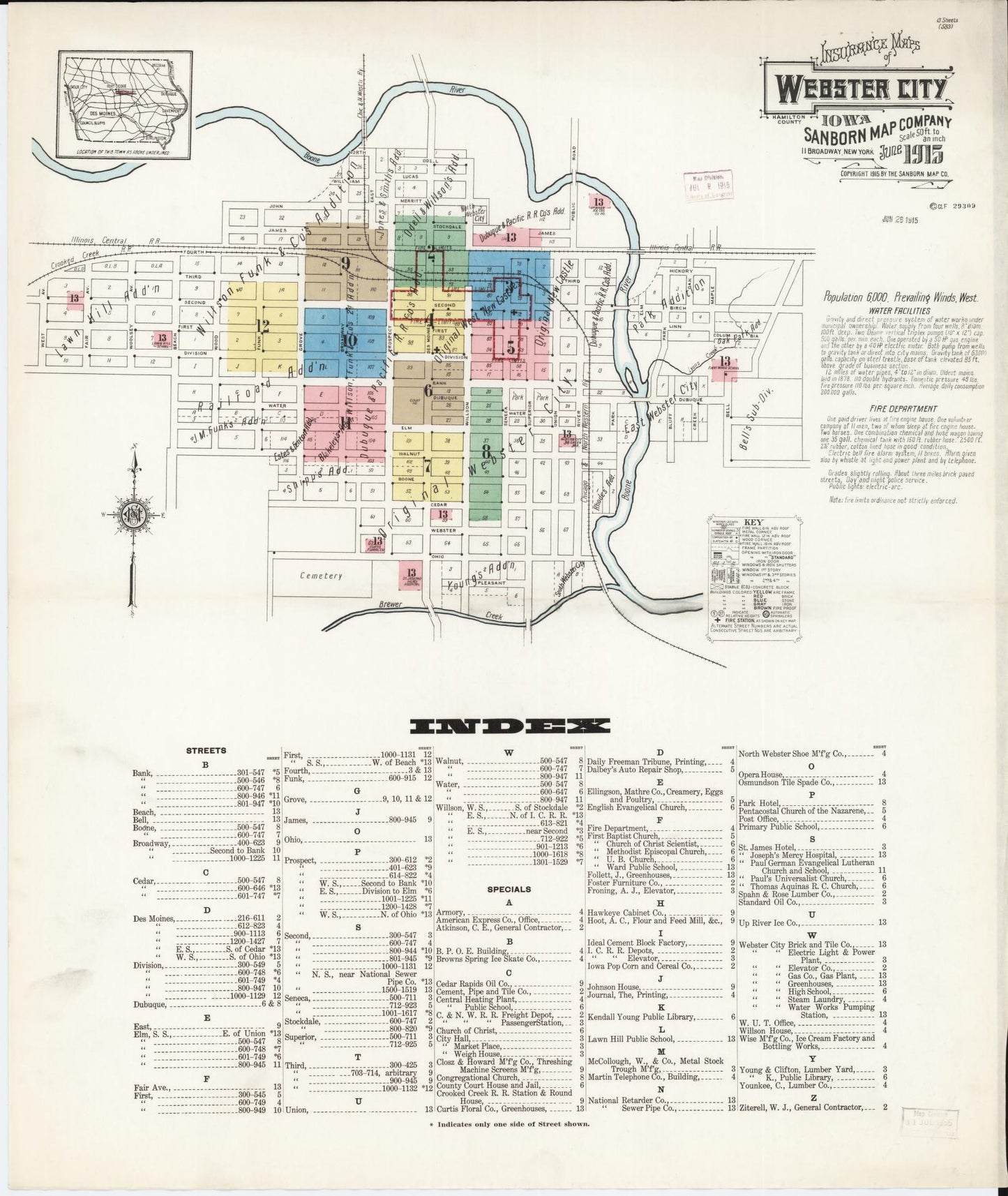 Sanborn Fire Insurance Map from Webster City, Hamilton County, Iowa (1915), Sheet #0001 - Historic Sanborn Fire Insurance Map Print, vintage old map wall art