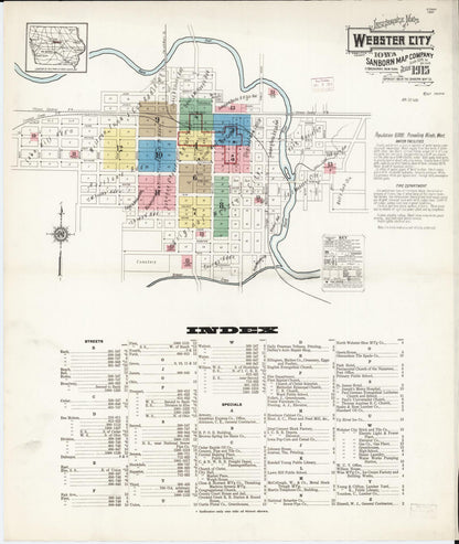 Sanborn Fire Insurance Map from Webster City, Hamilton County, Iowa (1915), Sheet #0001 - Historic Sanborn Fire Insurance Map Print, vintage old map wall art
