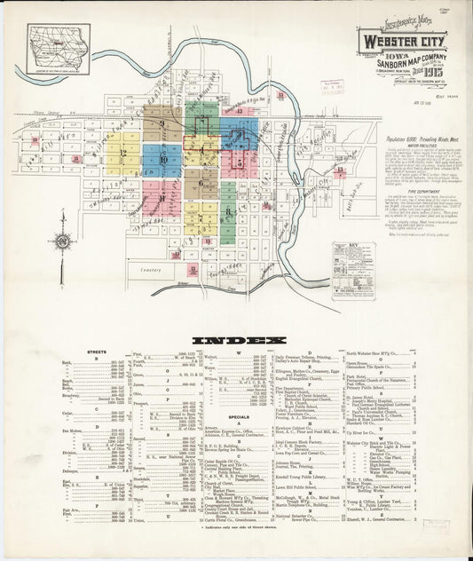 Sanborn Fire Insurance Map from Webster City, Hamilton County, Iowa (1915), Sheet #0001 - Historic Sanborn Fire Insurance Map Print, vintage old map wall art