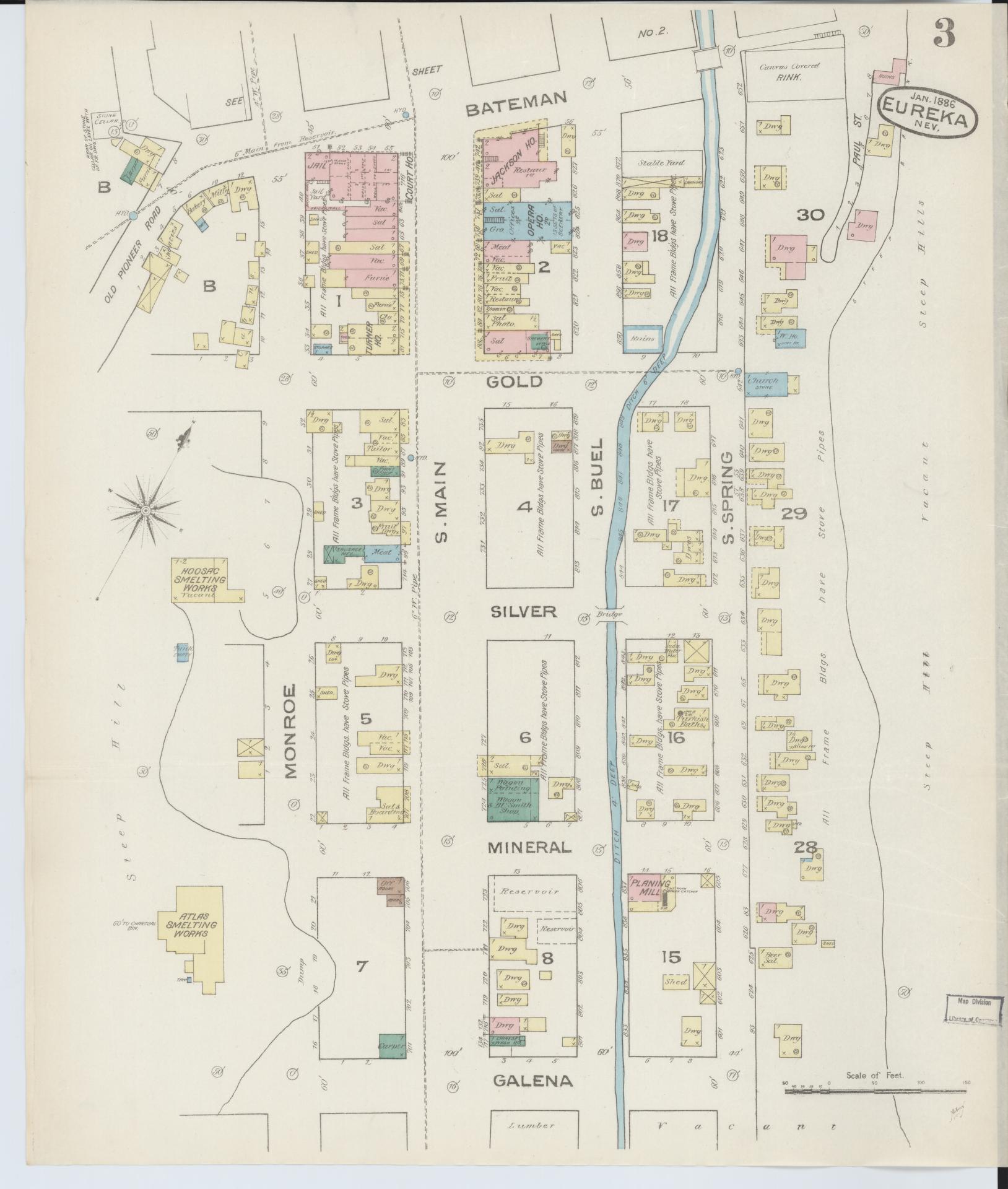 Sanborn Fire Insurance Map from Eureka, Eureka County, Nevada (1886), Sheet #0003 - Complete Map Set gallery image, historic Sanborn map, vintage wall art, Nevada Nevada