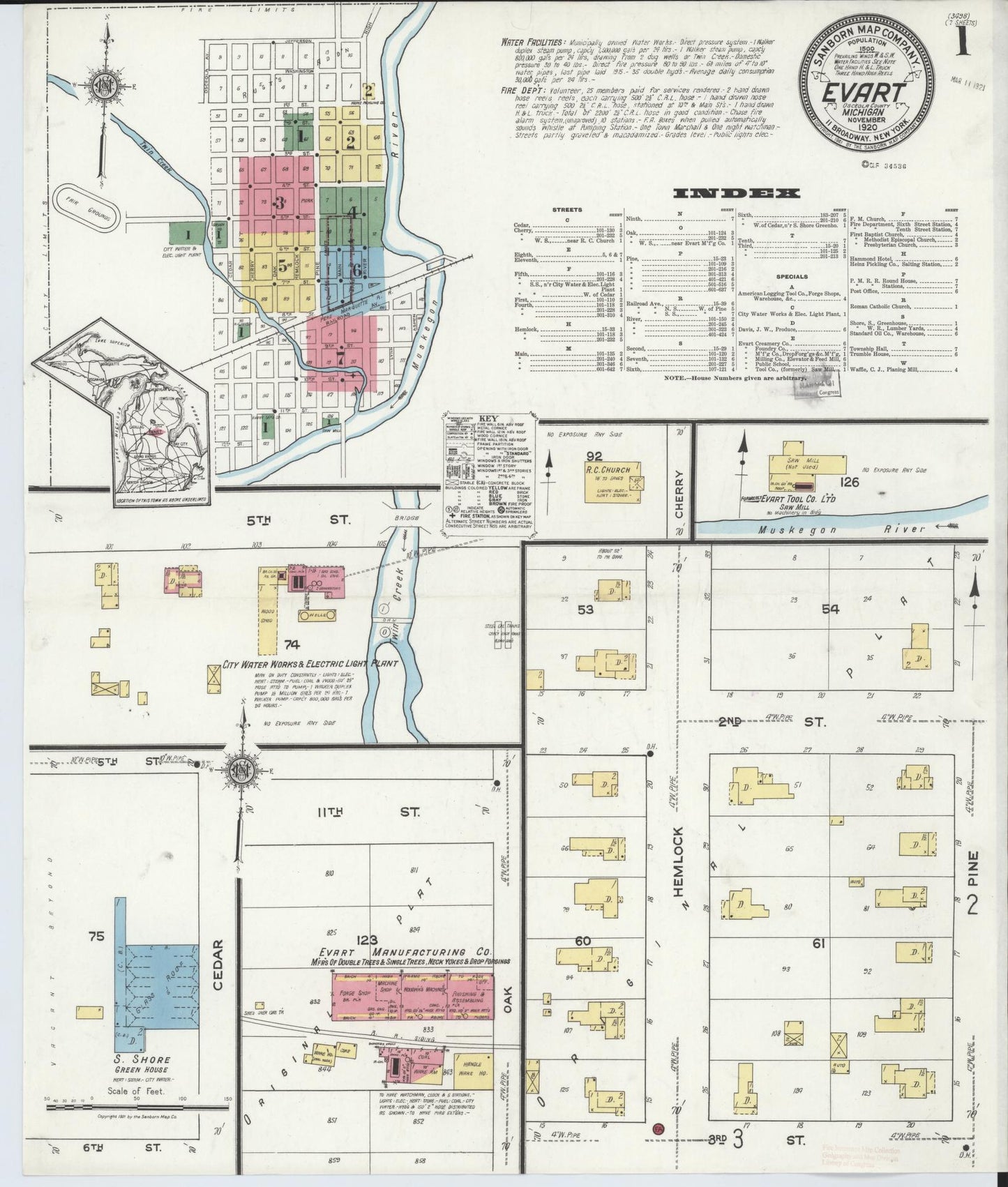 Sanborn Fire Insurance Map from Evart, Osceola County, Michigan (1920), Sheet #0001 - Historic Sanborn Fire Insurance Map Print, vintage old map wall art, antique decor, genealogy gift, Michigan Michigan map