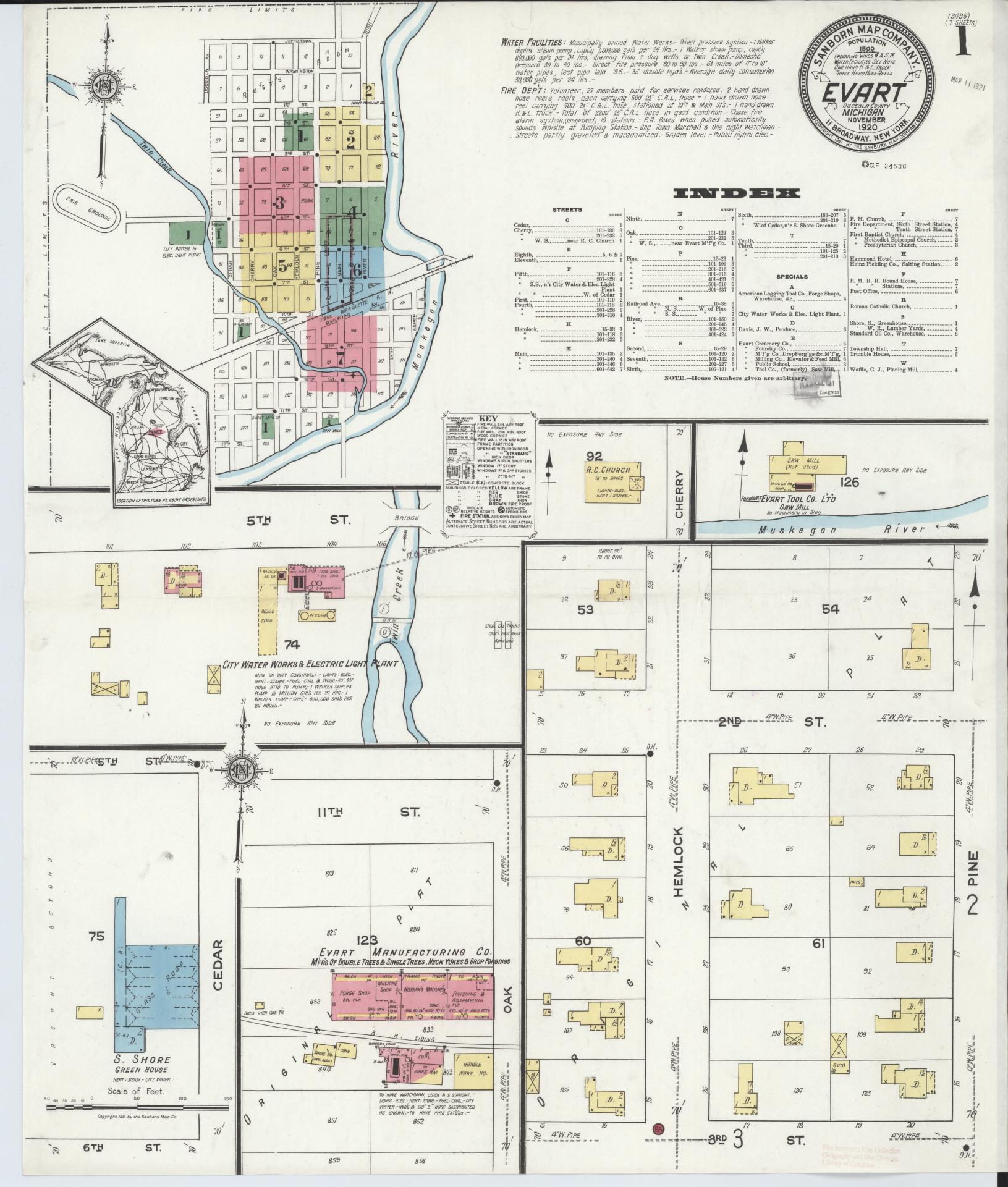 Sanborn Fire Insurance Map from Evart, Osceola County, Michigan (1920), Sheet #0001 - Historic Sanborn Fire Insurance Map Print, vintage old map wall art, antique decor, genealogy gift, Michigan Michigan map