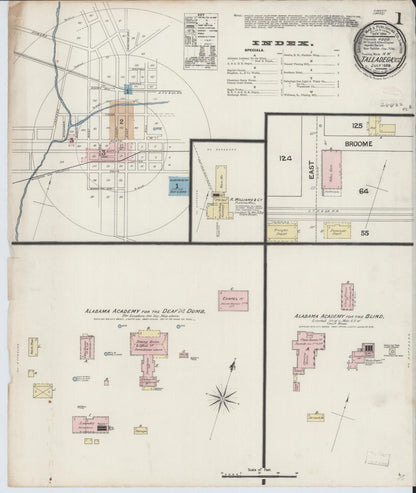 Sanborn Fire Insurance Map from Talladega, Talladega County, Alabama (1889), Sheet #0001 - Complete Map Set gallery image, historic Sanborn map, vintage wall art, Alabama Alabama