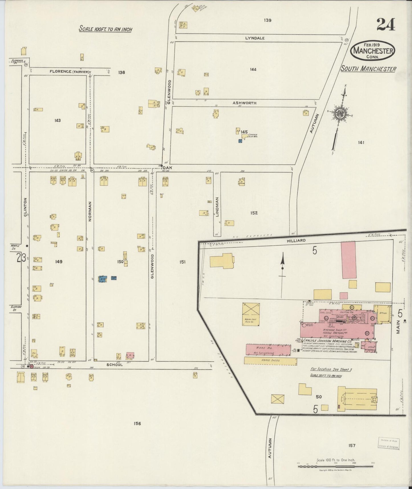 Sanborn Fire Insurance Map from Manchester, Hartford County, Connecticut. (1919), Sheet 24 – Historic Sanborn Fire Insurance Map Print