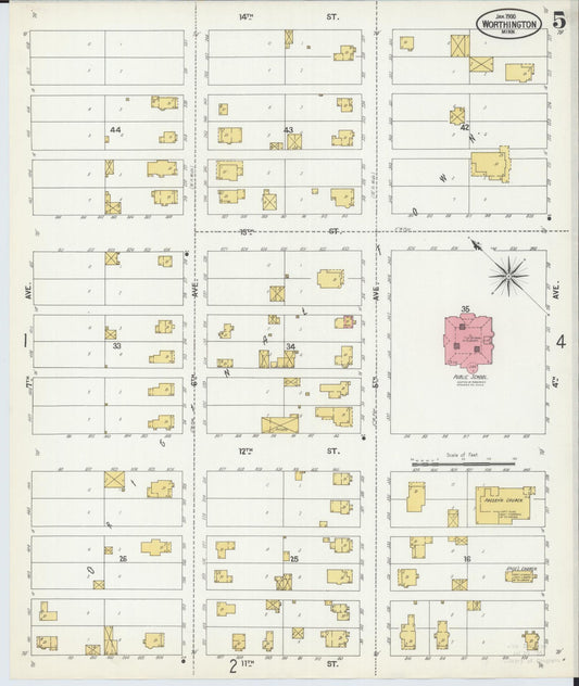 Sanborn Fire Insurance Map from Worthington, Nobles County, Minnesota (1900), Sheet #0005 - Historic Sanborn Fire Insurance Map Print, vintage old map wall art, antique decor, genealogy gift, Minnesota Minnesota map