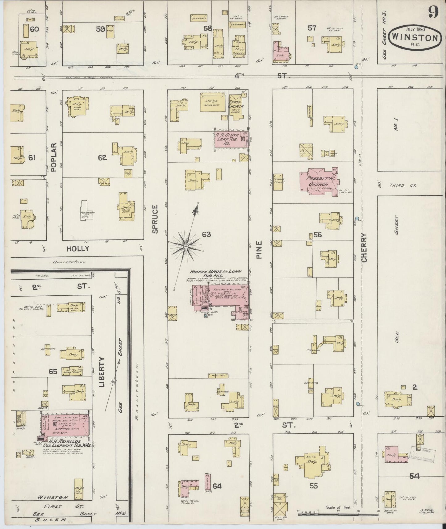 Sanborn Fire Insurance Map from Winston-Salem, Forsyth County, North Carolina (1890), Sheet #0009 - Historic Sanborn Fire Insurance Map Print, vintage old map wall art, antique decor, genealogy gift, North Carolina North Carolina map