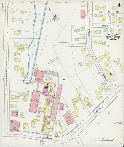 Sanborn Fire Insurance Map from Spencer, Worcester County, Massachusetts (1892), Sheet #0004 - Historic Sanborn Fire Insurance Map Print, vintage old map wall art, antique decor, genealogy gift, Massachusetts Massachusetts map