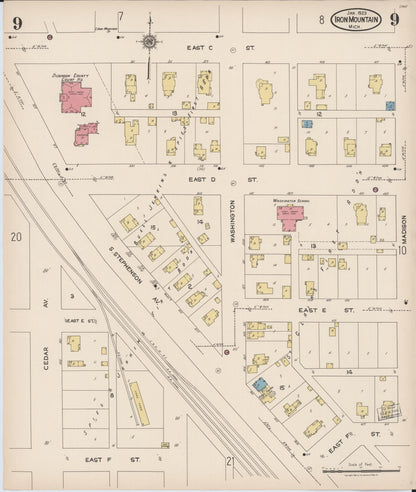 Sanborn Fire Insurance Map from Iron Mountain, Dickinson County, Michigan (1923), Sheet #0009 - Historic Sanborn Fire Insurance Map Print, vintage old map wall art, antique decor, genealogy gift, Michigan Michigan map