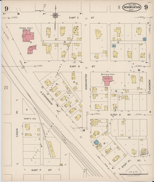 Sanborn Fire Insurance Map from Iron Mountain, Dickinson County, Michigan (1923), Sheet #0009 - Historic Sanborn Fire Insurance Map Print, vintage old map wall art, antique decor, genealogy gift, Michigan Michigan map