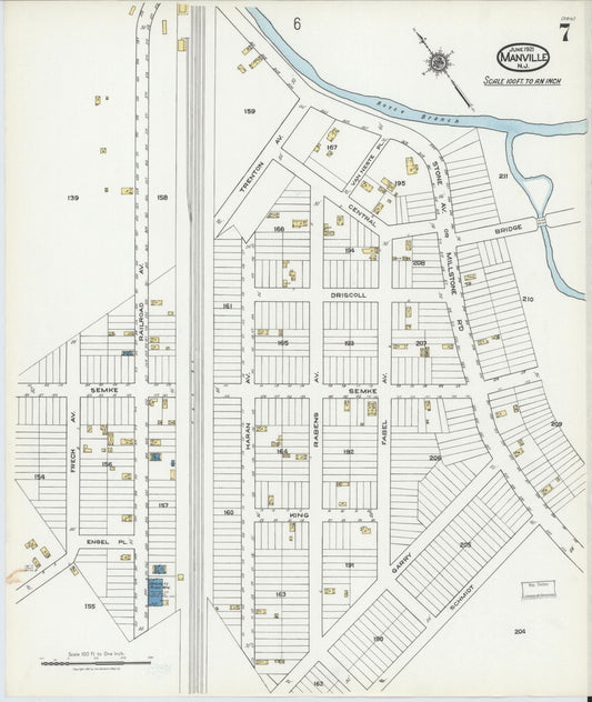 Sanborn Fire Insurance Map from Manville, Somerset County, New Jersey (1921), Sheet #0007 - Historic Sanborn Fire Insurance Map Print, vintage old map wall art, antique decor, genealogy gift, New Jersey New Jersey map