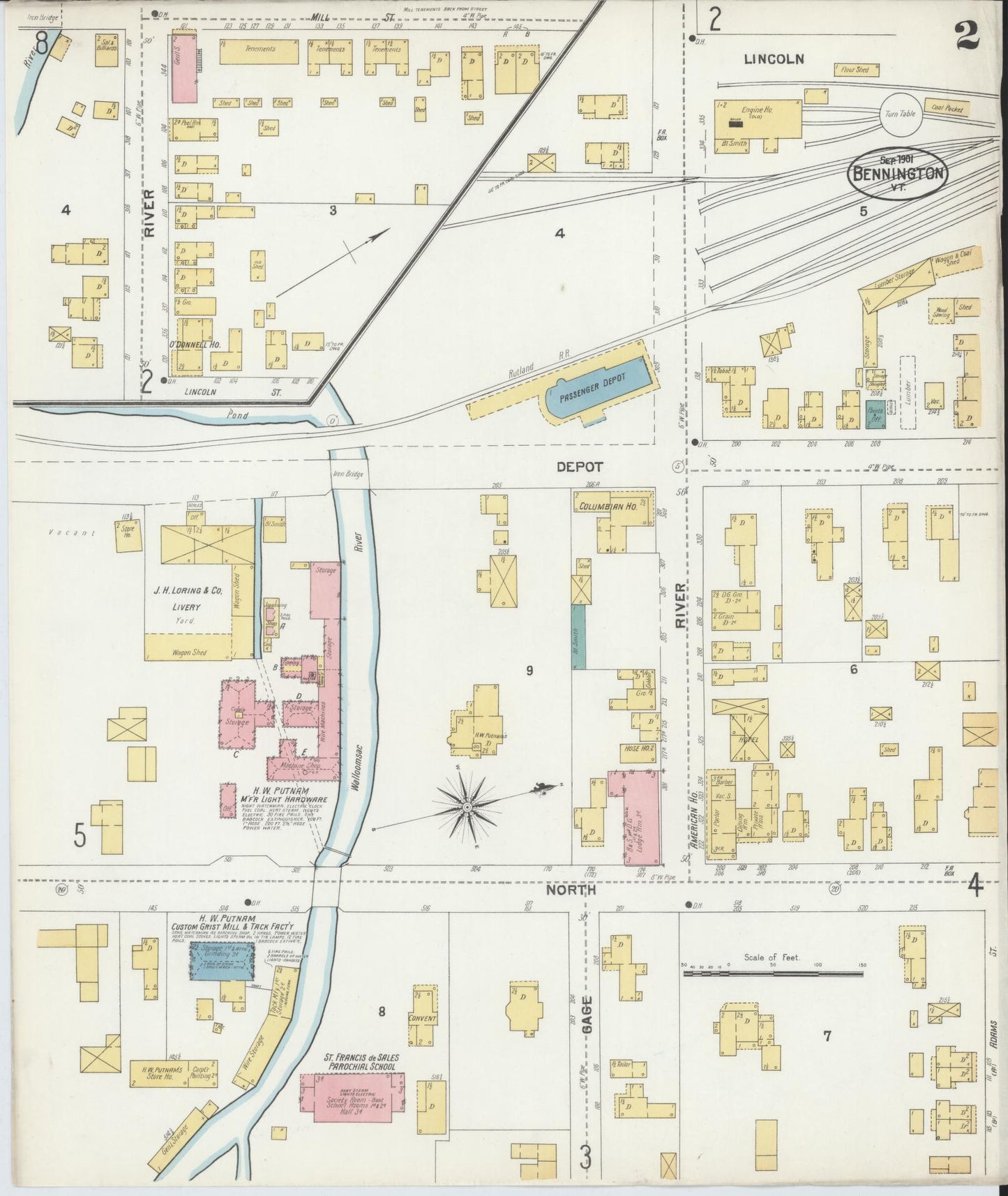 Sanborn Fire Insurance Map from Bennington, Bennington County, Vermont (1901), Sheet #0002 - Complete Map Set gallery image, historic Sanborn map, vintage wall art, Vermont Vermont