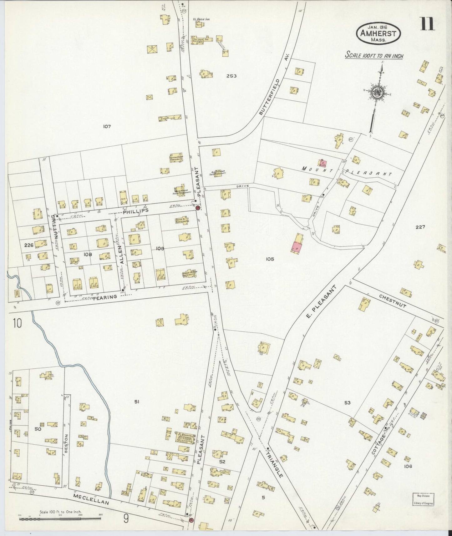 Sanborn Fire Insurance Map from Amherst, Hampshire County, Massachusetts (1916), Sheet #0011 - Historic Sanborn Fire Insurance Map Print, vintage old map wall art, antique decor, genealogy gift, Massachusetts Massachusetts map