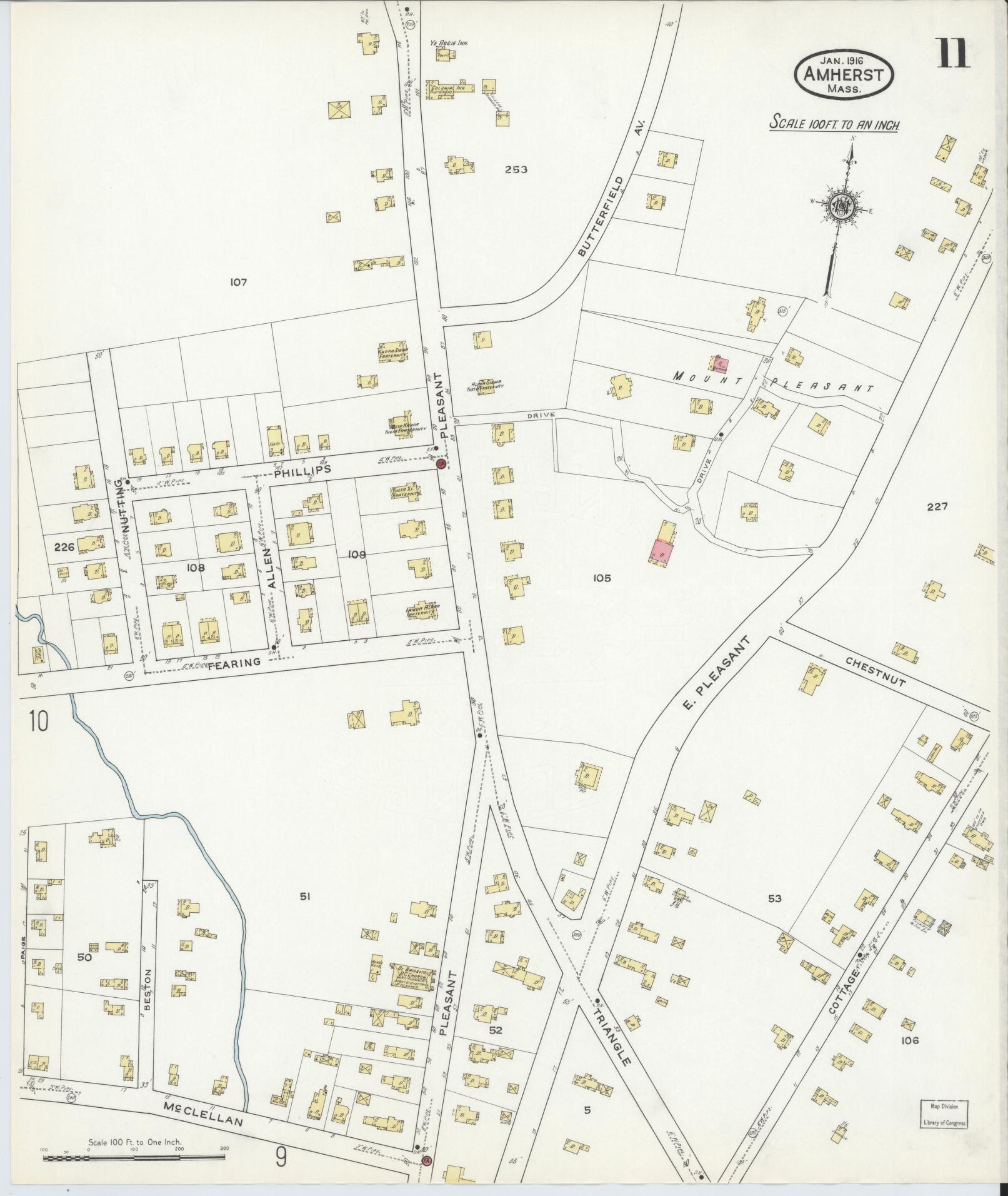 Sanborn Fire Insurance Map from Amherst, Hampshire County, Massachusetts (1916), Sheet #0011 - Historic Sanborn Fire Insurance Map Print, vintage old map wall art, antique decor, genealogy gift, Massachusetts Massachusetts map