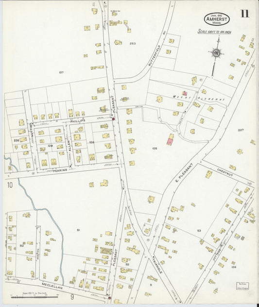 Sanborn Fire Insurance Map from Amherst, Hampshire County, Massachusetts (1916), Sheet #0011 - Historic Sanborn Fire Insurance Map Print, vintage old map wall art, antique decor, genealogy gift, Massachusetts Massachusetts map
