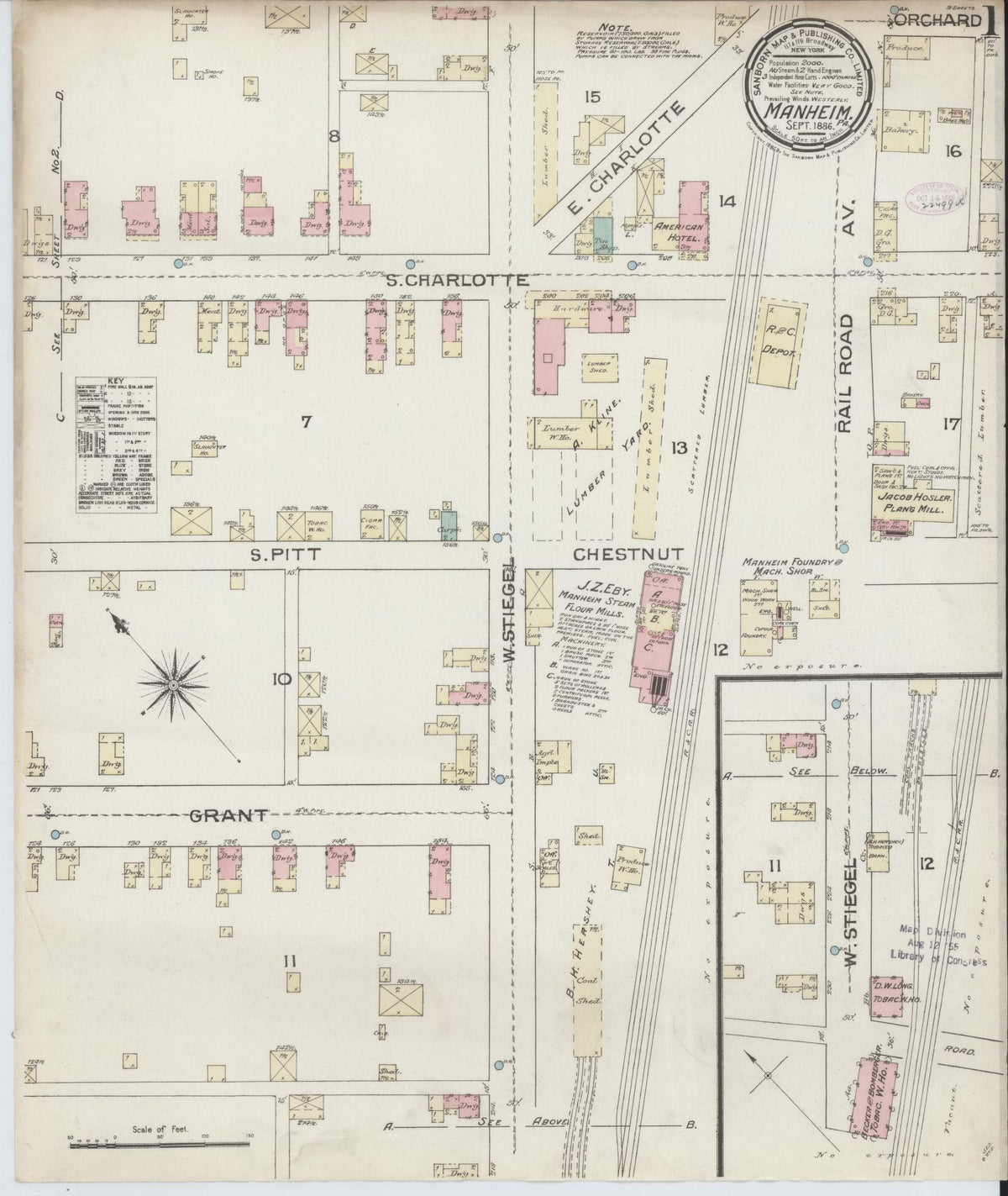 Sanborn Fire Insurance Map from Manheim, Lancaster County, Pennsylvania (1886), Sheet #0001 - Historic Sanborn Fire Insurance Map Print, vintage old map wall art, antique decor, genealogy gift, Pennsylvania Pennsylvania map