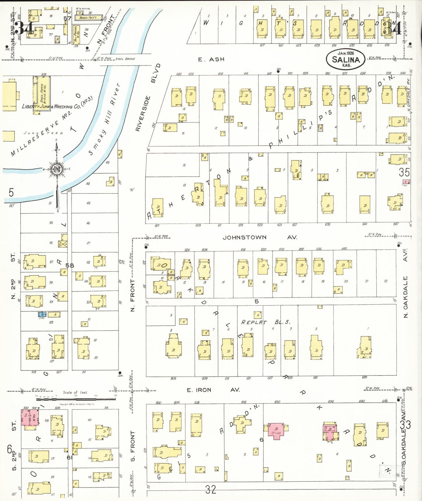 Sanborn Fire Insurance Map from Salina, Saline County, Kansas (1926), Sheet #0034 - Historic Sanborn Fire Insurance Map Print, vintage old map wall art, antique decor, genealogy gift, Kansas Kansas map