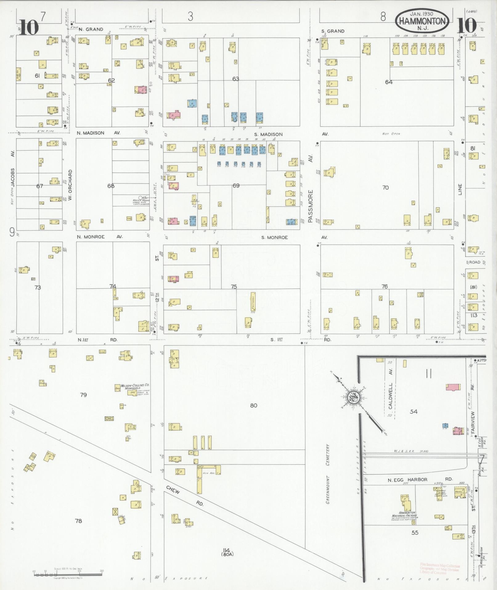 Sanborn Fire Insurance Map from Hammonton, Atlantic County, New Jersey (1930), Sheet #0010 - Historic Sanborn Fire Insurance Map Print, vintage old map wall art, antique decor, genealogy gift, New Jersey New Jersey map